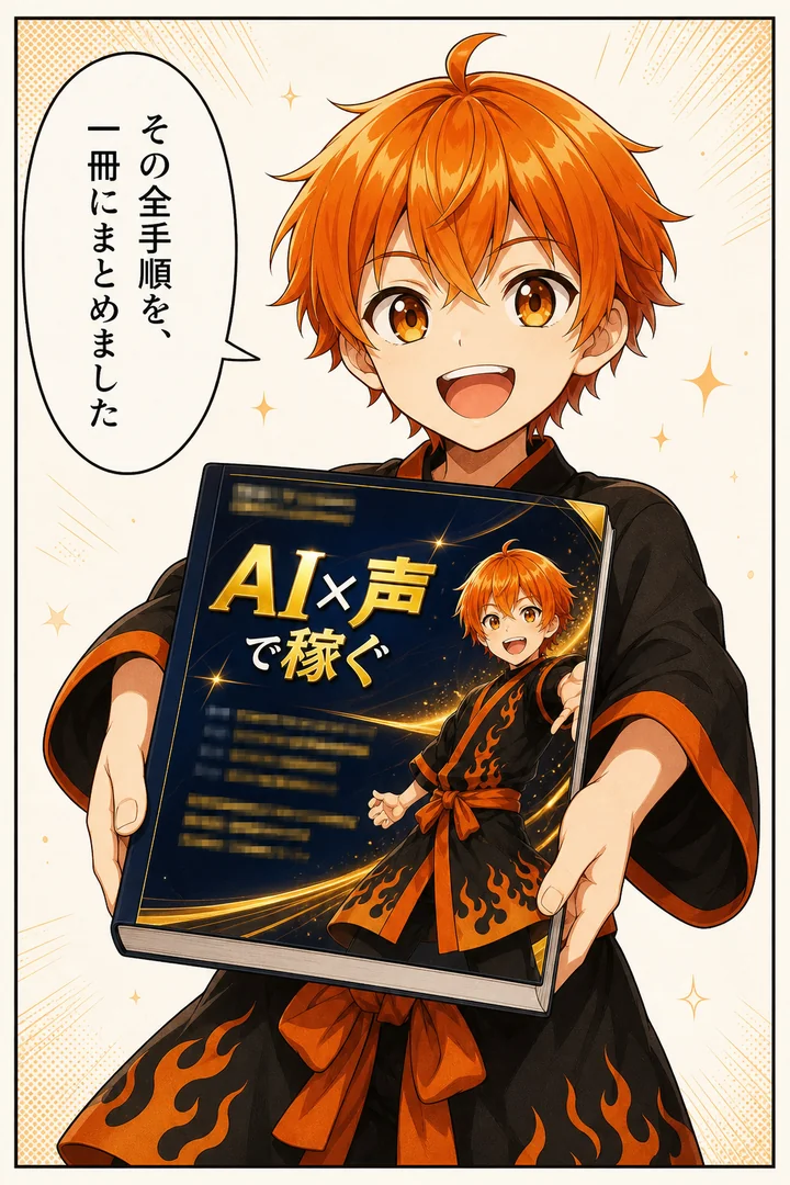 漫画: その全手順を、一冊にまとめました——リツトが教材「AI×声で稼ぐ」を差し出す