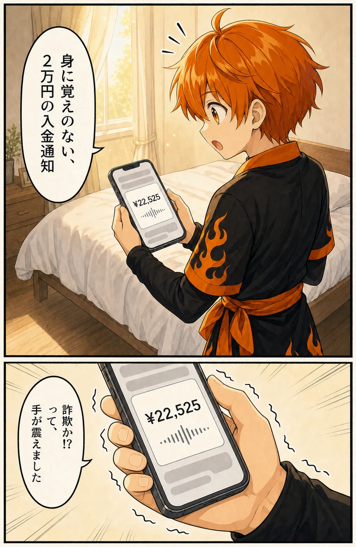 漫画: 身に覚えのない2万円（¥22,525）の入金通知。詐欺か!?って、手が震えました